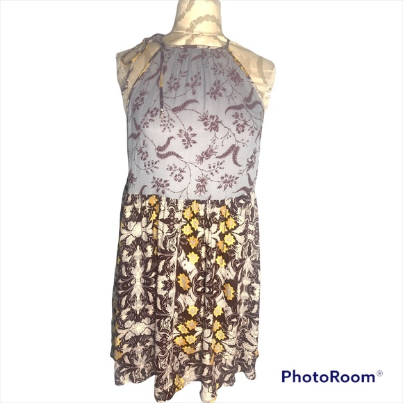 Free People Blue and Yellow Floral Printed Boho Mini Dress NWOT Medium - Picture 2 of 8